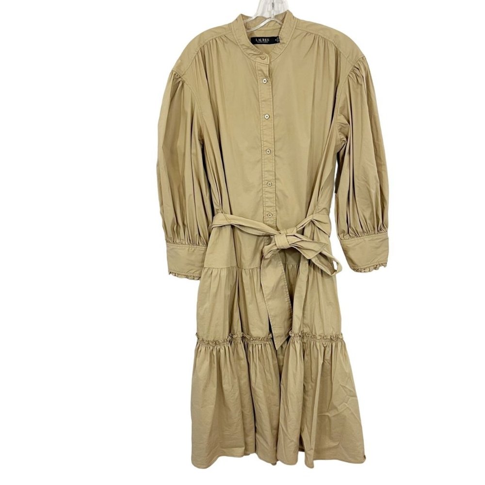 Lauren Ralph Lauren Rapisha Tiered Midi Dress Tan Shirt Dress Belt - Size 12 - Picture 1 of 10